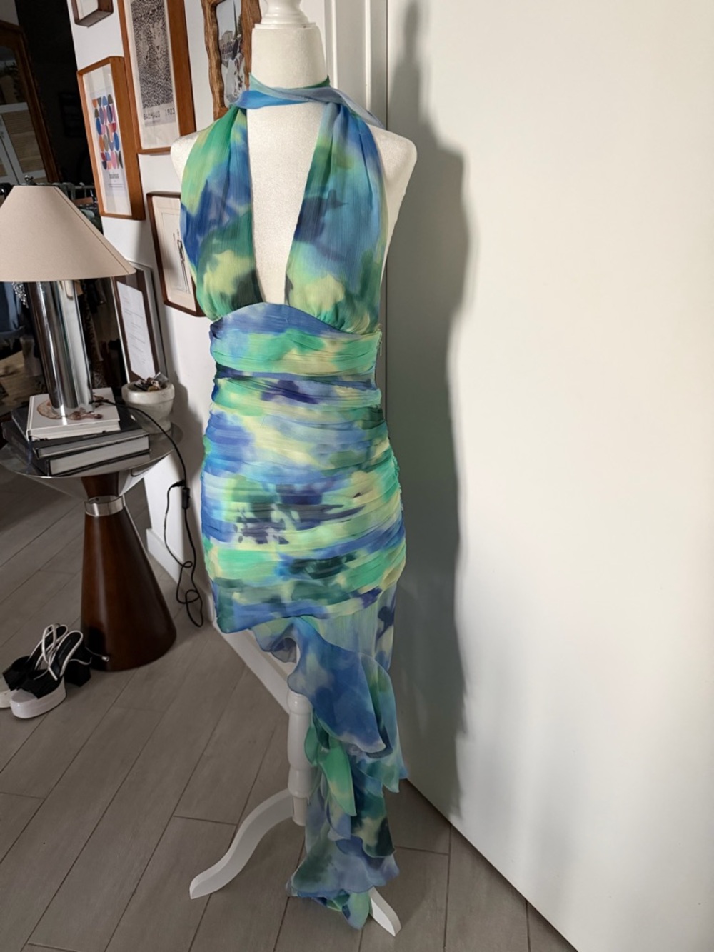 Mango Halter Asymmetrical Dress in Blue and Green Watercolor